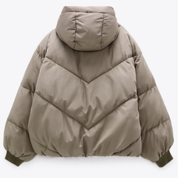 Zara Puffer Short Cropped Nude Taupe Puffer Hooded Winter Jacket Coat - Picture 5 of 6